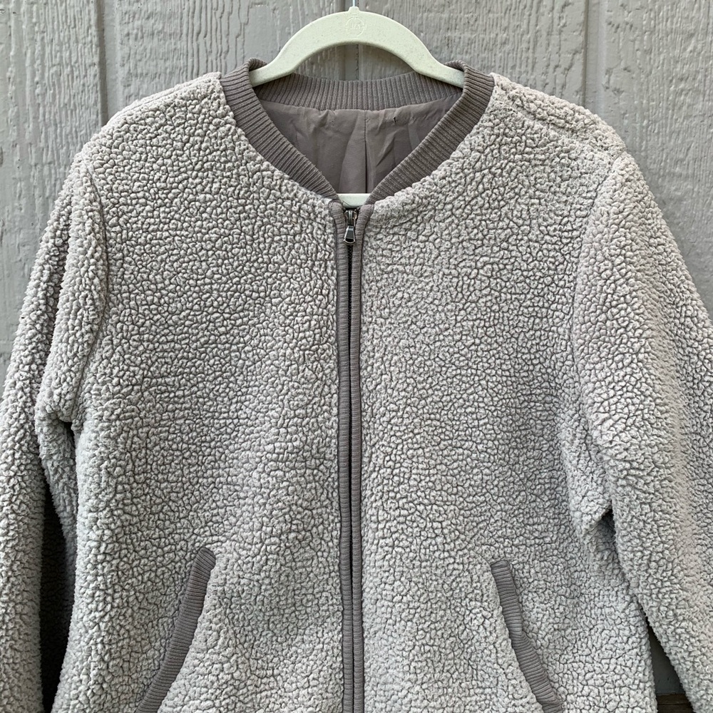 Grey sherpa teddy zip up lined bomber jacket ribbed cuffs - Picture 6 of 9